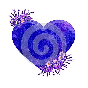 Blue Heart With Crocuses. Hand Drawn Illustration. Wedding Concept