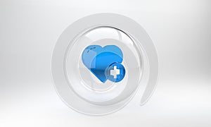 Blue Heart with a cross icon isolated on grey background. First aid. Healthcare, medical and pharmacy sign. Glass circle