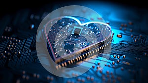 Blue heart designed as central processing unit of love. Postproducted, Generative AI