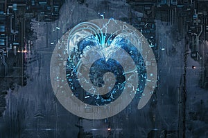 Blue heart designed as central processing unit of love Postproducted digital illustration