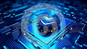 Blue heart designed as central processing unit of love. Postproducted. Generative AI