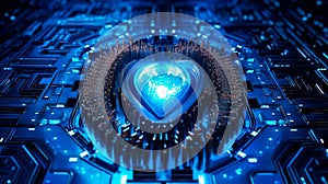 Blue heart designed as central processing unit of love. Postproducted. Generative AI