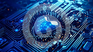 Blue heart designed as central processing unit of love. Postproducted. Generative AI