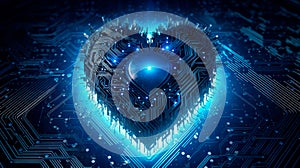 Blue heart designed as central processing unit of love. Postproducted. Generative AI
