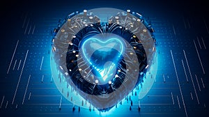 Blue heart designed as central processing unit of love. Postproducted. Generative AI