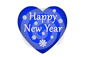 Blue heart, Happy New Year text, snowflakes pattern on white background isolated closeup, Merry Christmas & winter holidays banner