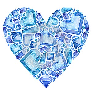 Blue Heart with Ice crystals, gemstones. Jewelry, watercolor hand drawn clipart