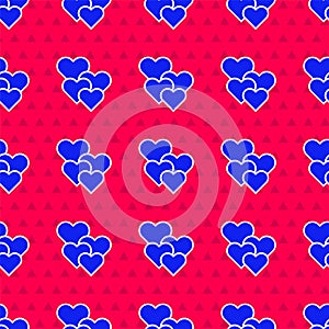 Blue Heart icon isolated seamless pattern on red background. Romantic symbol linked, join, passion and wedding. Happy