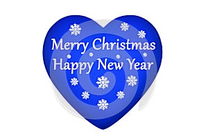 Blue heart, Merry Christmas & Happy New Year text, snowflakes pattern on white background isolated closeup, winter holidays banner