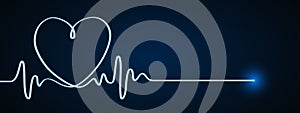 Blue heart and pulse one line hand drawn, cardiogram sign, electrocardiogram heartbeat - vector