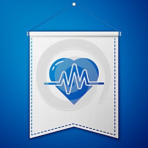 Blue Heart rate icon isolated on blue background. Heartbeat sign. Heart pulse icon. Cardiogram icon. White pennant