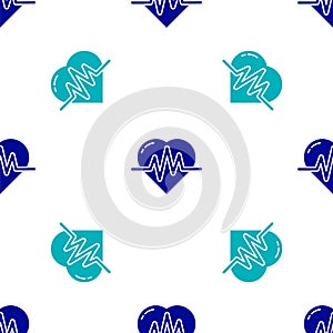 Blue Heart rate icon isolated seamless pattern on white background. Heartbeat sign. Heart pulse icon. Cardiogram icon