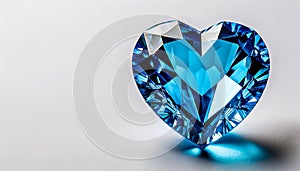 Blue heart shaped diamond on white background and copy space on a side