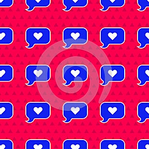 Blue Heart in speech bubble icon isolated seamless pattern on red background. Happy Valentines day. Vector