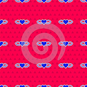 Blue Heart with wings icon isolated seamless pattern on red background. Love symbol. Happy Valentines day. Vector