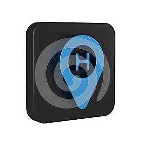 Blue Helicopter landing pad icon isolated on transparent background. Helipad, area, platform, H letter. Black square