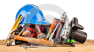 Blue helmet and wood mounting tools