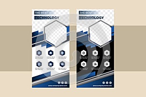 Blue hexagon roll up business banner design vertical template vector