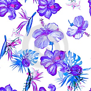 Blue Hibiscus Decor. Indigo Flower Painting. Lavender Seamless Foliage. Green Watercolor Backdrop. Pink Pattern Texture. Purple