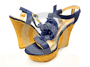 Blue high-heeled denim wedge platform shoes