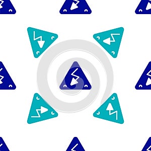 Blue High voltage sign icon isolated seamless pattern on white background. Danger symbol. Arrow in triangle. Warning