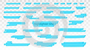 Blue highlighter lines set isolated on transparent background. Marker pen highlight underline strokes. Vector hand drawn
