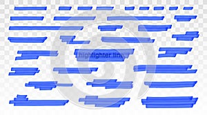 Blue highlighter lines set isolated on transparent background. Marker pen highlight underline strokes. Vector hand drawn