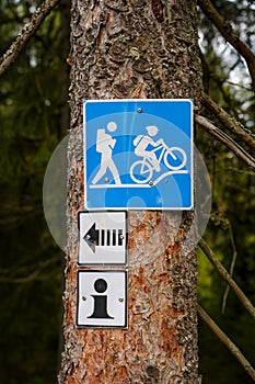 Blue hiking and mountain bike trail sign on a tree