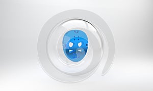 Blue Hockey mask icon isolated on grey background. Glass circle button. 3D render illustration