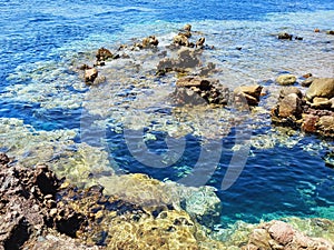 Blue hole in Dahab. Mythical place for divers. underwater sinkhole and coral reef. Extreme water sports