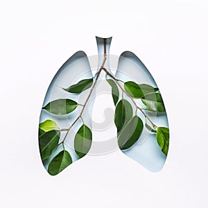 Blue Hole Lungs and green twigs as symbol of healthy lungs. World Tuberculosis Day or World Lung Day concept. Minimal Paper Art