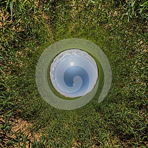 blue hole sphere little planet inside green grass round frame background