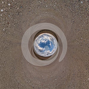 blue hole sphere little planet inside sand or dry grass round frame background