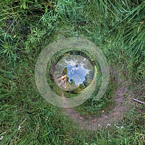 blue hole sphere little planet inside sand or dry grass round frame background