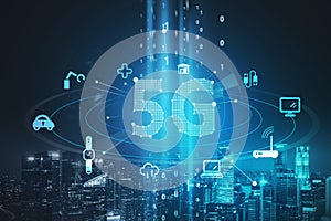 Blue hologram icons of 5G digital network photo