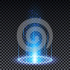 Blue hologram portal. Magic fantasy portal. Magic circle teleport podium with hologram effect. Vector blue glow rays