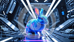 Blue Holographic Rabbit in Technological Landscape A Modern Take on Biotechnology and Innovation photo