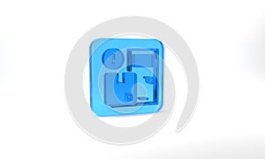 Blue Home delivery services icon isolated on grey background. Glass square button. 3d illustration 3D render