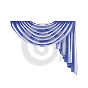 Blue horizontal draperies for decorations window or door openings, lambrequins made of satin fabric. They fall in elegant folds on