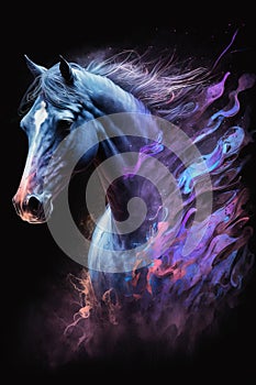 a blue horse with a white face and a black background with a red and blue swirl on it's face and a b