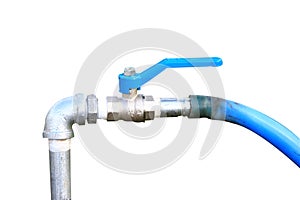 Blue hose faucet. It is enabled to water the plants isolated on white background with clipping path.Selection focus