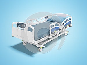 Blue hospital bed with lifting mechanism on an autonomous control panel with control panel isolated 3d render on blue background