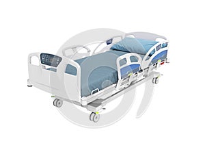 Blue hospital bed with lifting mechanism on an autonomous control panel with control panel isolated 3d render on white background