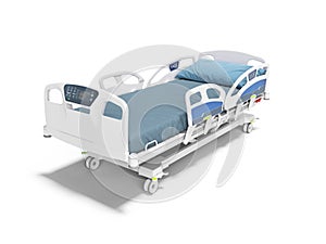 Blue hospital bed with lifting mechanism on an autonomous control panel with control panel isolated 3d render on white background