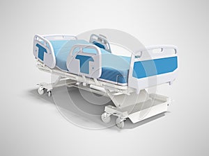 Blue hospital bed with lifting mechanism on standalone control panel isolated 3D render on gray background with shadow