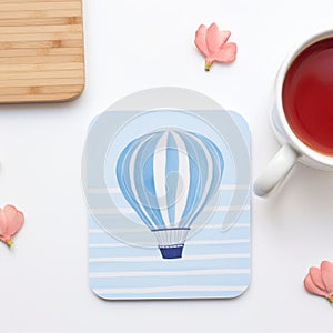 Blue Hot Air Balloon Coaster Print - Minimal Watercolor Style