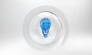 Blue Hot air balloon icon isolated on grey background. Air transport for travel. Glass circle button. 3D render