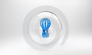 Blue Hot air balloon icon isolated on grey background. Air transport for travel. Glass circle button. 3D render