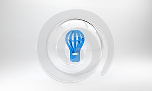 Blue Hot air balloon icon isolated on grey background. Air transport for travel. Glass circle button. 3D render