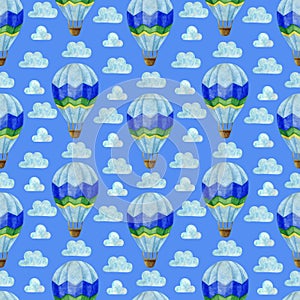 Blue hot air balloon watercolor seamless pattern, Air Transport